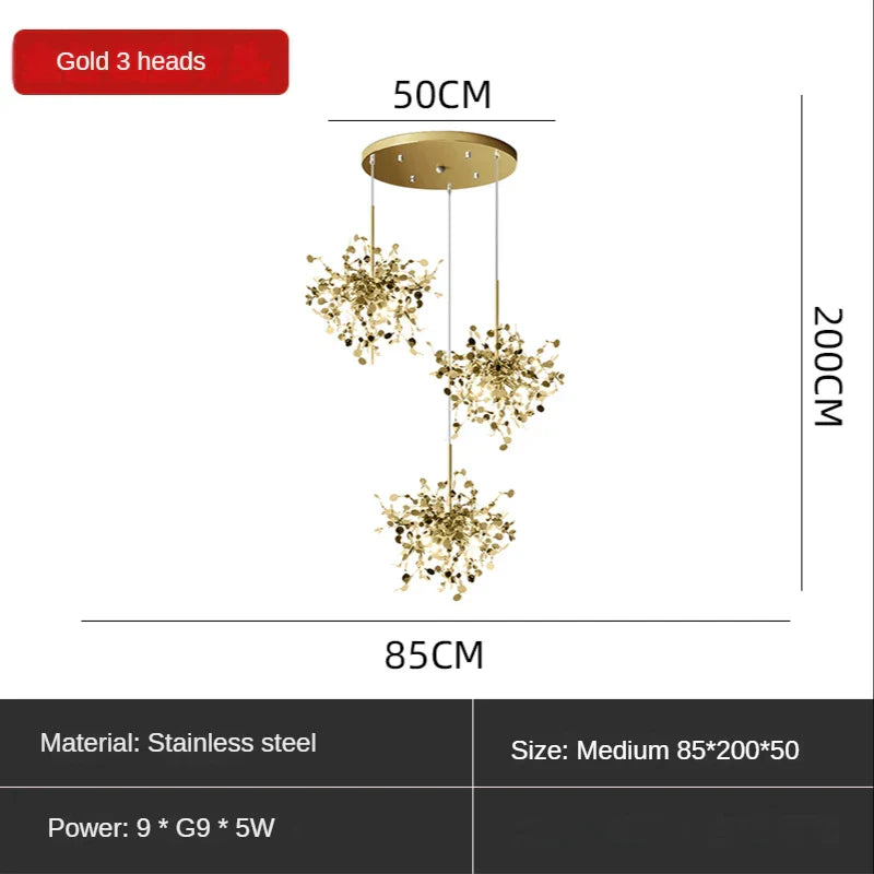 Sequin Leaf Ceiling Chandelier Gold 6-Head Long