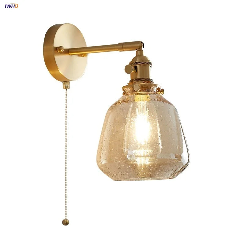 DecorBites™ Clear Glass LED Wall Sconce, Modern Rotating Bedside Lamp with Pull Chain & Copper Socket