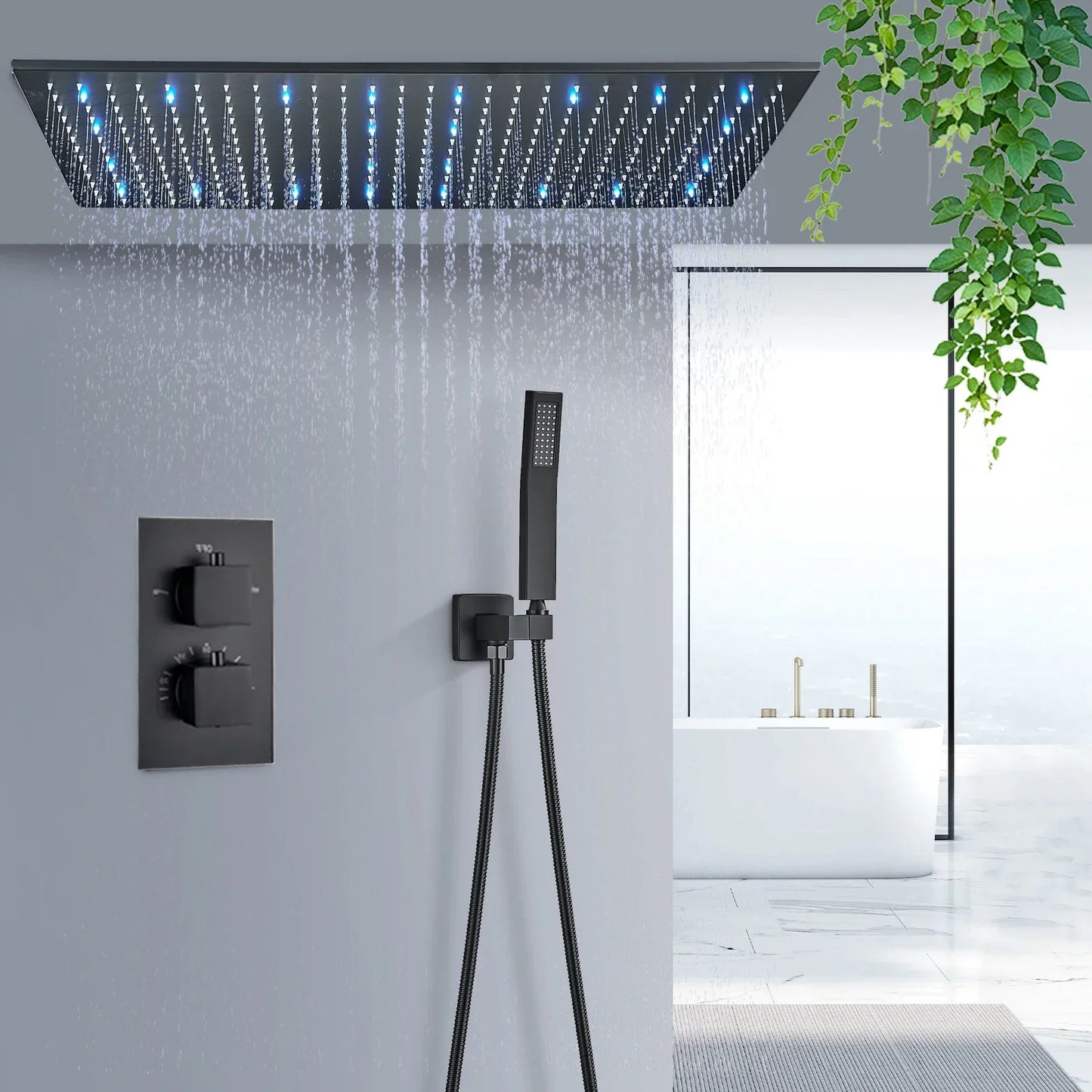 DecorBites™ Brushed Gold LED Thermostatic Shower Faucet Set with Ceiling Rainfall Shower Head