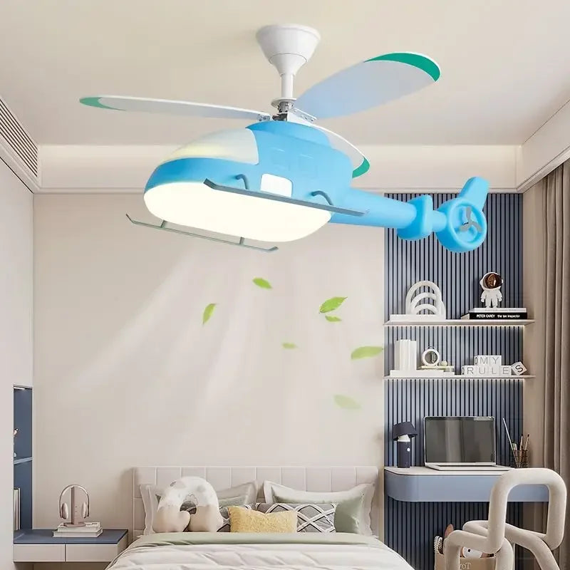 Blue Helicopter Ceiling Fan 90cm Kids Room