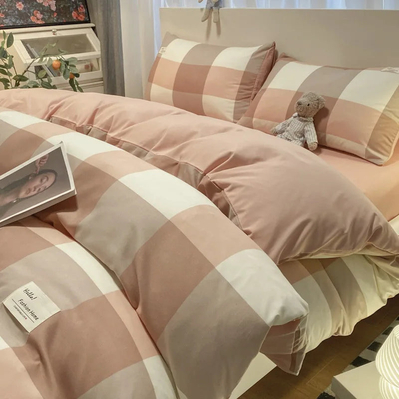 DecorBites™ Japanese Grid Printed Cotton Bedding Set in Queen/King for Cozy Sleep
