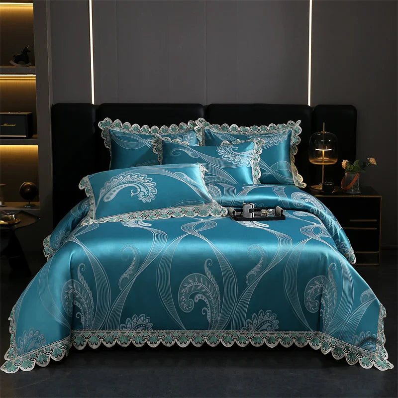 DecorBites™ Golden Jacquard Cotton Lace Bedding Set - Silky Soft Duvet Cover, Flat Sheet, Pillowcase