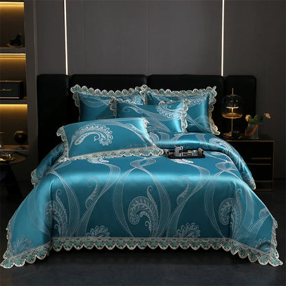 DecorBites™ Golden Jacquard Cotton Lace Bedding Set - Silky Soft Duvet Cover, Flat Sheet, Pillowcase