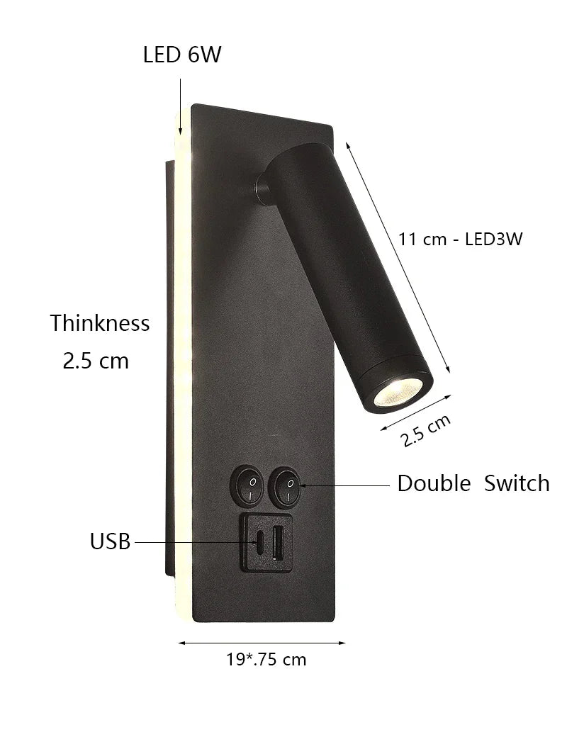 DecorBites™ Black Brass LED Wall Lamp with USB Port & Switch - 3W Spotlight for Bedroom