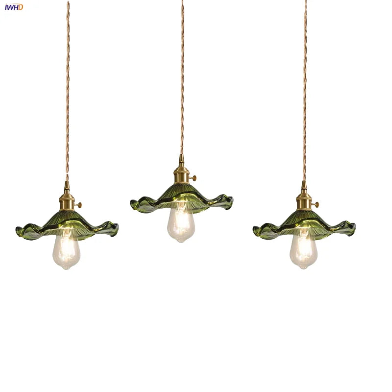 Green Glass Pendant Light 3-Head Adjustable Wire