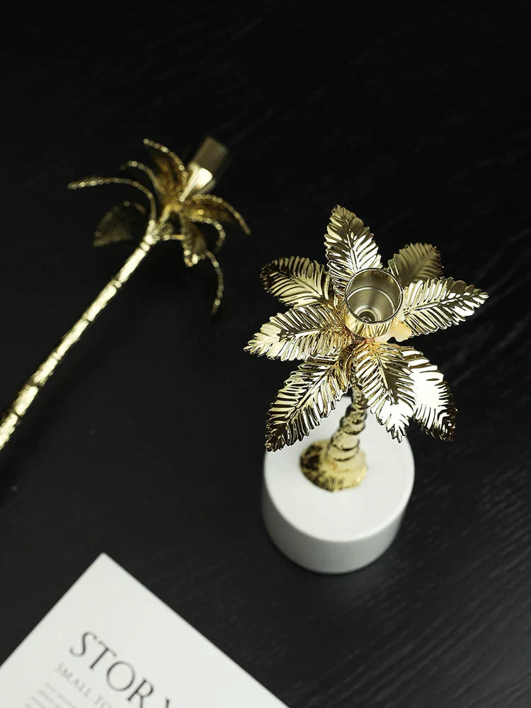 DecorBites™ Golden Metal Candlestick with Volakos White Marble Base for Luxury Home Decor