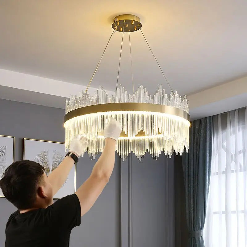 DecorBites™ Crystal LED Chandelier: Luxury Dimmable Pendant Light for Bedroom, Living, Dining Room