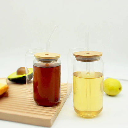 DecorBites™ Glass Cup Set with Bamboo Lid: Bubble Tea, Coffee, Wine, Milk Tea Mug.