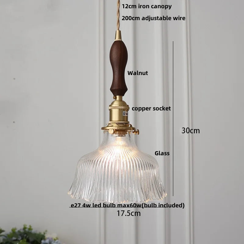 DecorBites™ LED Walnut Wood Pendant Light Clear Glass Copper Switch Decor