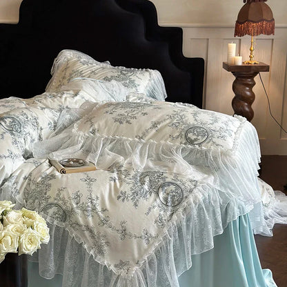 DecorBites™ French Lace Ruffles Princess Bedding Set - Velvety Warm Quilt Cover, Bed Skirt, Bedspread, Pillowcases