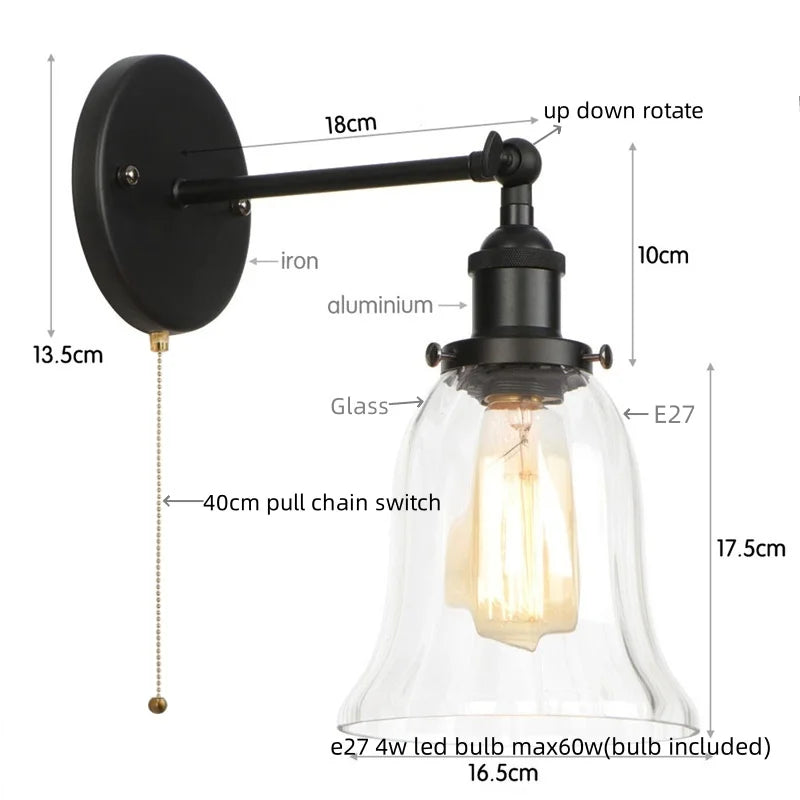 DecorBites™ Loft Clear Glass Rustic LED Wall Light - Industrial Style Iron Wall Lamp