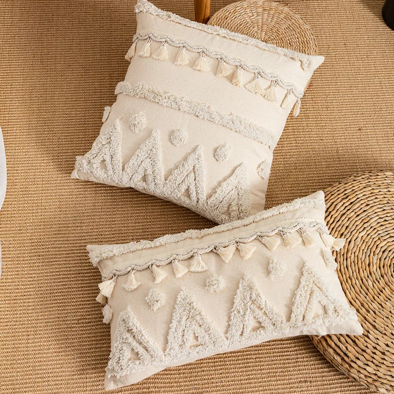 DecorBites™ Beige Wabi-sabi Tufted Fringed Geometric Tassel Cotton Linen Pillow Cover