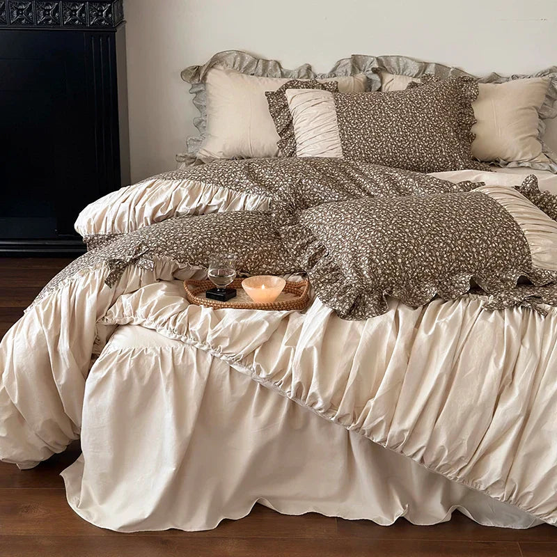 DecorBites™ French Floral Washed Cotton Bedding Set, Duvet, Sheet, Pillowcases