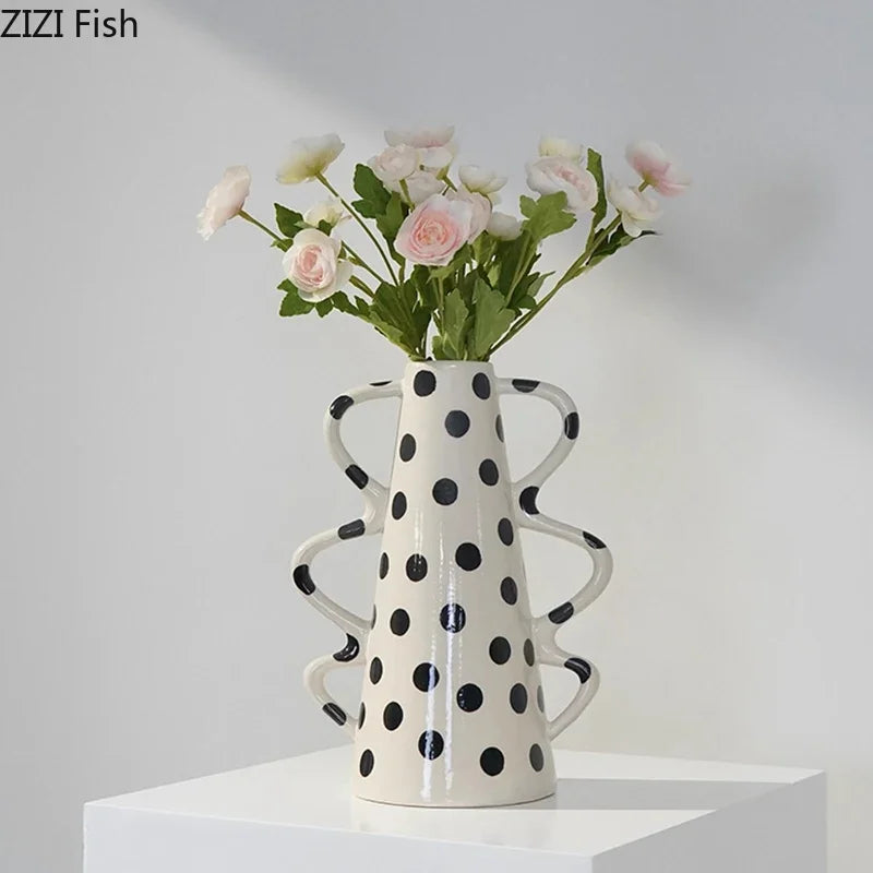 DecorBites™ Black Polka Dot Ceramic Vase for Table Flower Arrangement and Room Decor