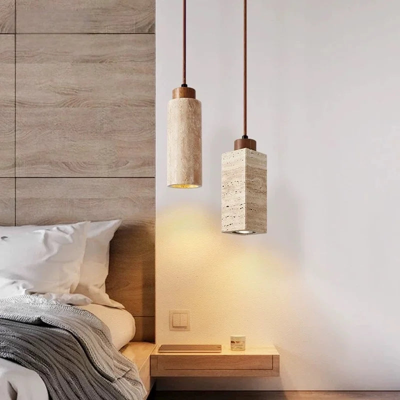 DecorBites™ Japanese Stone LED Pendant Lamps Yellow Travertine Wabi Sabi Hanging Light