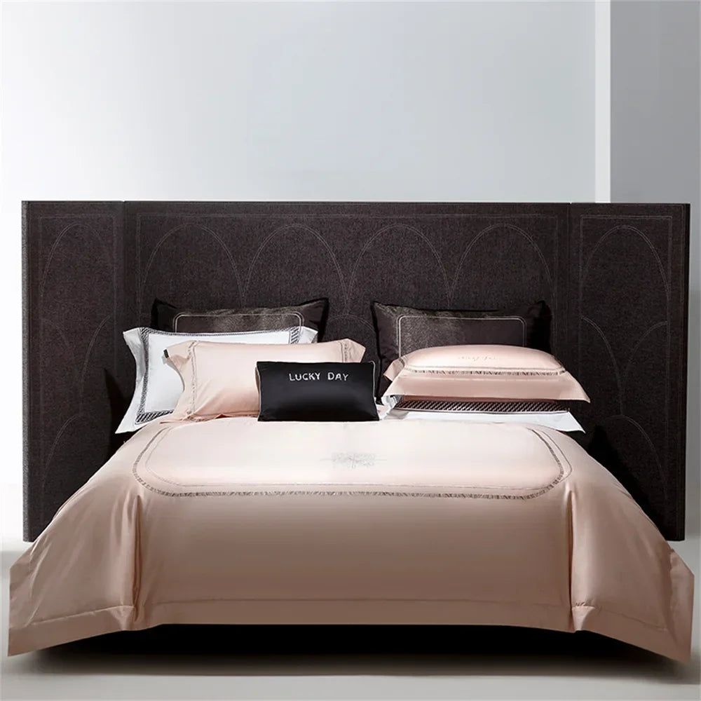 DecorBites™ Cotton Satin Jacquard Embroidery Bedding Set with Elastic Sheet & Duvet Cover
