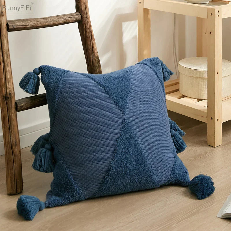 DecorBites™ Knitted Mustard Blue Tassel Cushion Cover for Home Sofa Bed Decor