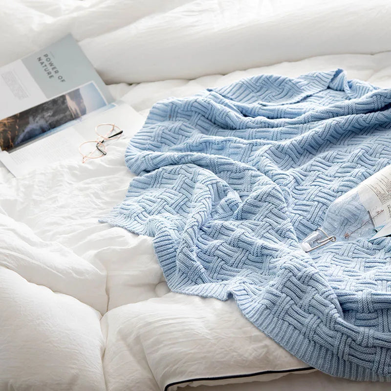 DecorBites™ Cozy Jacquard Blanket: 100% Cotton Solid Color Knitted Shawl for Office or Home