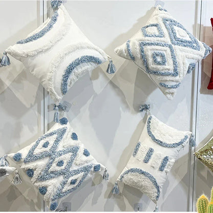 DecorBites™ Geometric Diamond Tufted Embroidery Pillowcases - Blue & White Fringed, 45x45/30x50cm