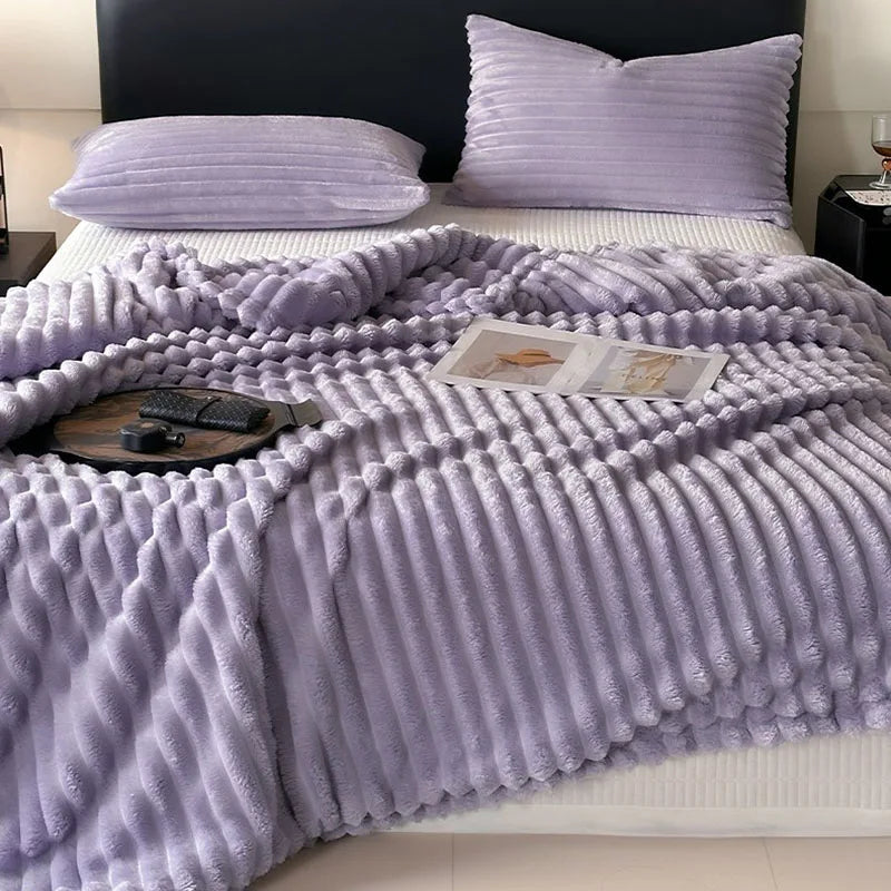 DecorBites™ Cozy Coral Fleece Striped Solid Blanket for Winter Sofa Cover Queen King Sizes