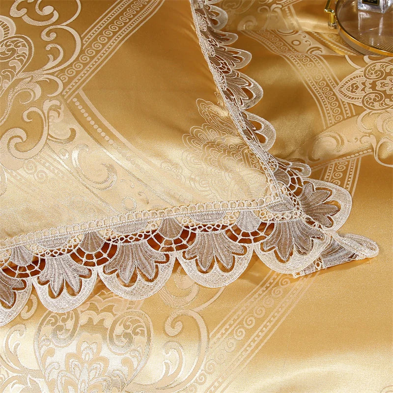DecorBites™ Golden Jacquard Cotton Lace Bedding Set - Silky Soft Duvet Cover, Flat Sheet, Pillowcase