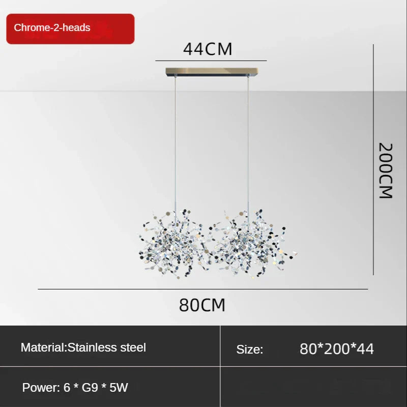 Sequin Leaf Ceiling Chandelier Gold 6-Head Long