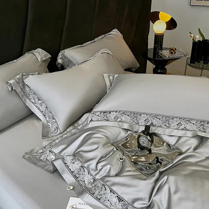 DecorBites™ Luxe 1500TC Egyptian Cotton Lace Wide Edge Bedding Set: Duvet Cover, Sheet, Pillowcases