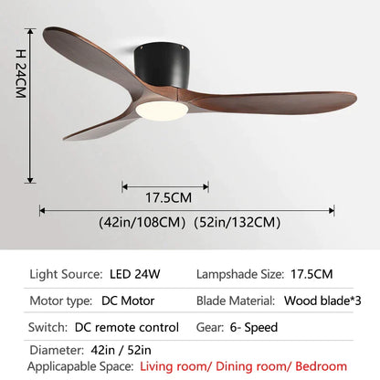 DecorBites™ 52" Low Floor Fan Lights Wood Blade Remote Control Ceiling Fan Strong Winds