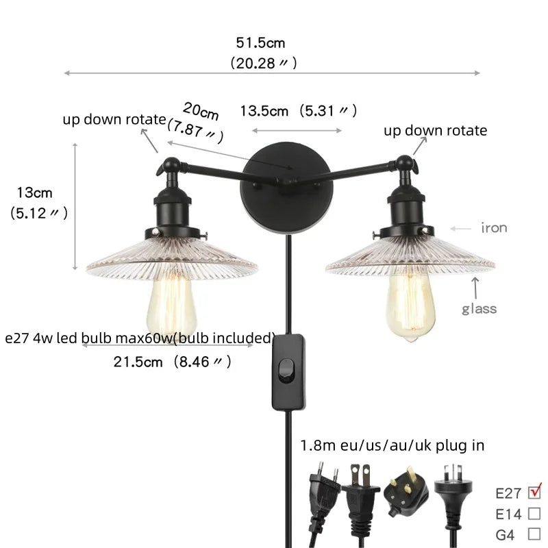 DecorBites™ Industrial LED Wall Light Fixture with Pull Chain Switch, 2 Heads Bedside Lamp