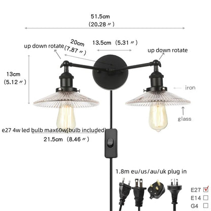 DecorBites™ Industrial LED Wall Light Fixture with Glass Pull Chain Switch - 2 Heads