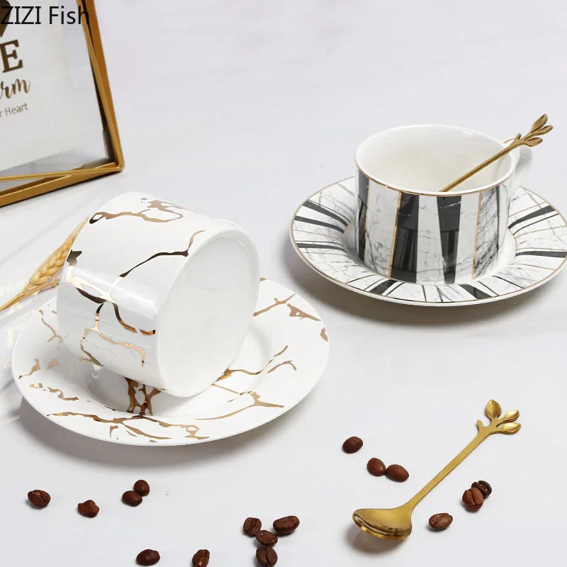 DecorBites™ Gilded Marble Texture Ceramic Cup & Saucer Set for Dining Table Tea & Coffee