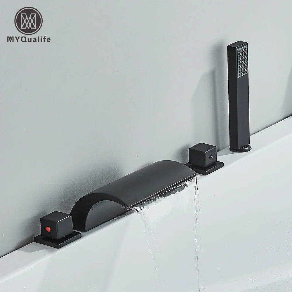 DecorBites™ Black Brass Waterfall Tub Faucet Three Handles Hot Cold Mixer