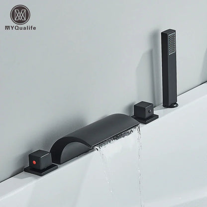 DecorBites™ Black Brass Waterfall Tub Faucet Three Handles Hot Cold Mixer