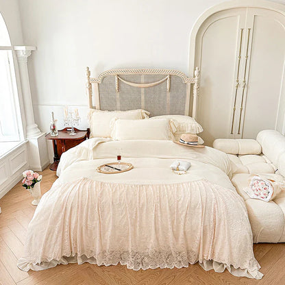 DecorBites™ French Lace Ruffles Princess Wedding Bedding Set, Velvet Fleece Duvet Cover Set