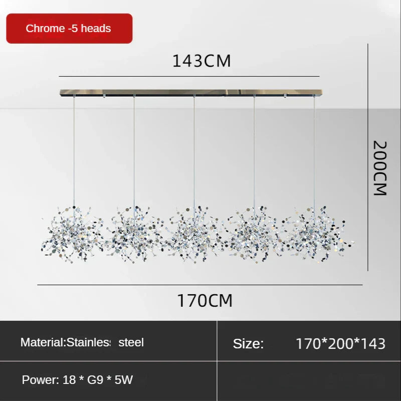 Sequin Leaf Ceiling Chandelier Gold 6-Head Long