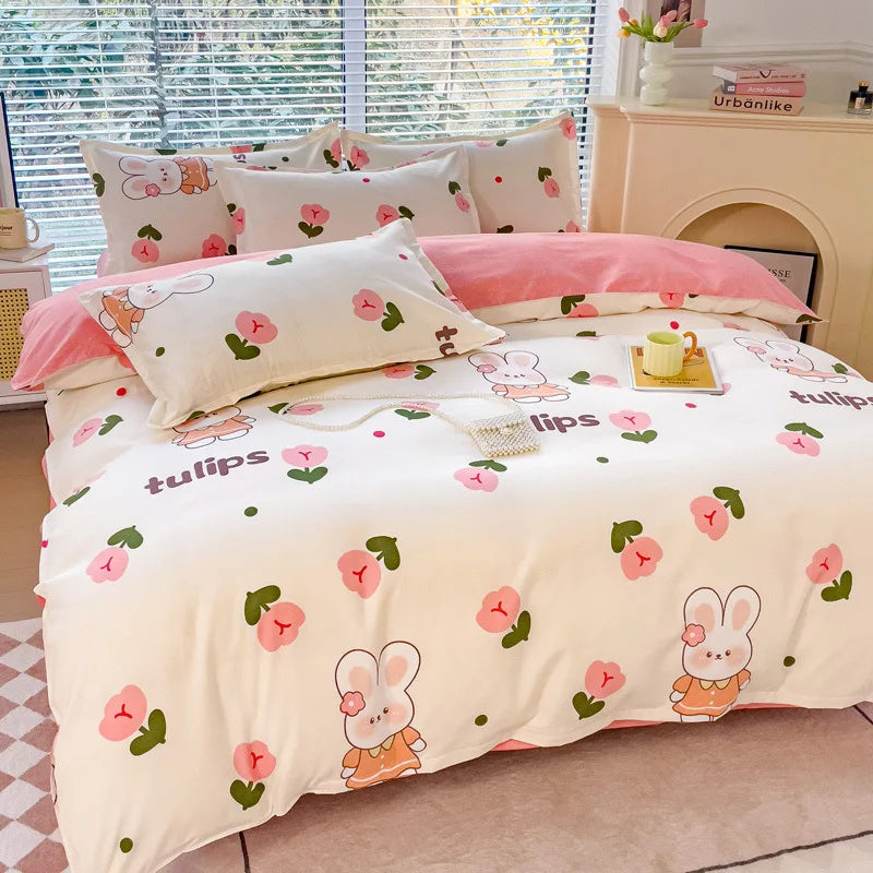 DecorBites™ Cozy Flower Print Bedding Set: Brushed Cotton, Skin-Friendly, Soft, Thick, 4Pcs