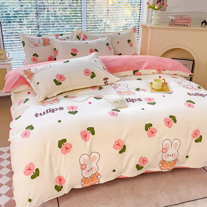 DecorBites™ Cozy Flower Print Bedding Set: Brushed Cotton, Skin-Friendly, Soft, Thick, 4Pcs