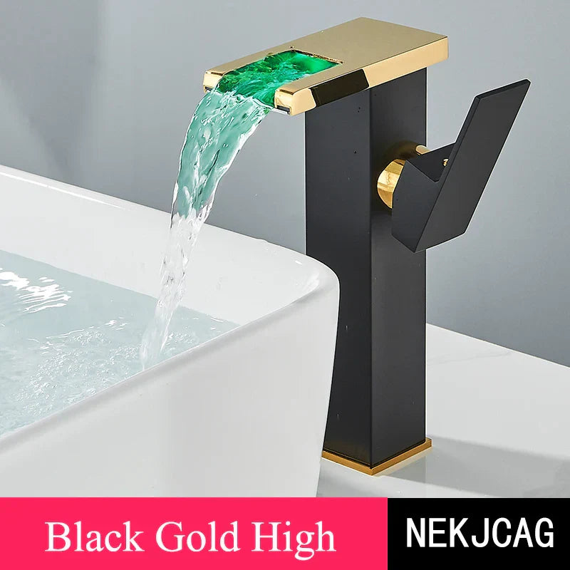 DecorBites™ LED Waterfall Basin Faucet: Black Mixer Tap with Light, Deck Mount Kitchen Sink