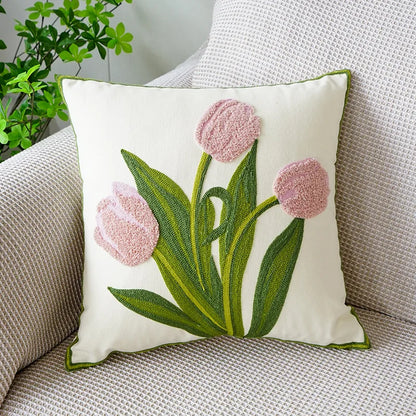 DecorBites™ Green Tulip Embroidery Pillowcase 45X45CM - Sofa Bed Office Car Chair Cover