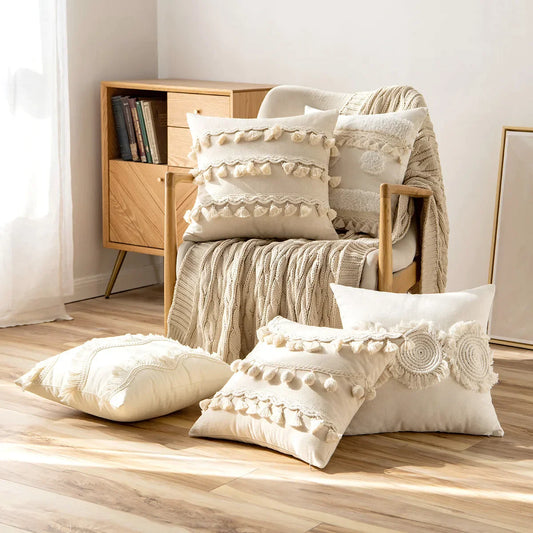 DecorBites™ Beige Tufted Fringed Cushion Cover Cotton Linen Tassel Crochet Pillow Cover