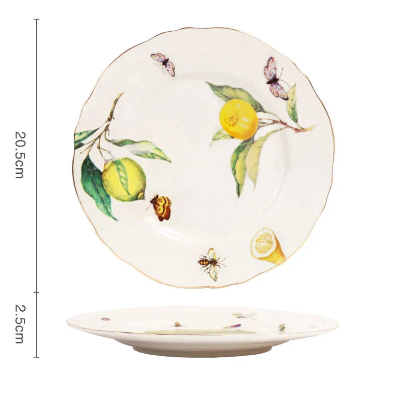 DecorBites™ Gold Edge Cup & Saucer Set: Lemon Teapot, Coffee Mug, Ceramic Plates & Drinkware