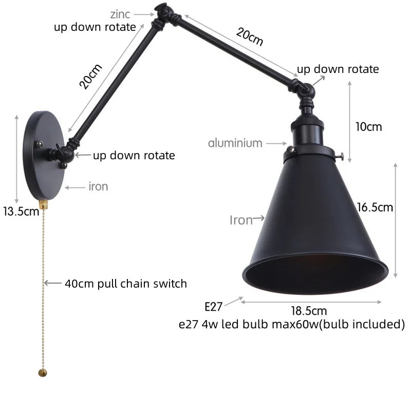 DecorBites™ LED Long Arm Wall Lamp with Pull Chain Switch for Home Hotel Bathroom