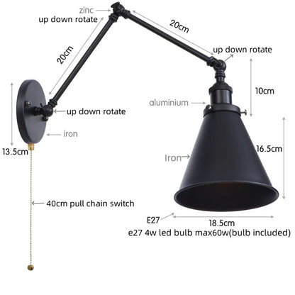 DecorBites™ LED Long Arm Wall Lamp with Pull Chain Switch for Home Hotel Bathroom