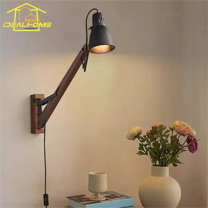 DecorBites™ LED Long Pole Swing Arm Wall Lamp, Solid Wood, Adjustable, Industrial Designer