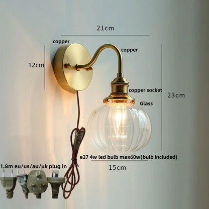DecorBites™ Clear Glass LED Wall Sconce Pull Chain Switch Modern Copper Bedside Lamp