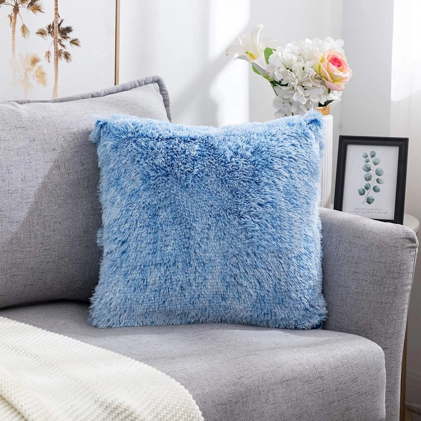 DecorBites™ Cozy Plush Fur Cushion Cover 43x43cm White Grey Sofa Decor Pillowcase