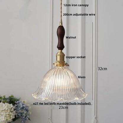 DecorBites™ LED Walnut Wood Pendant Light Clear Glass Copper Switch Decor