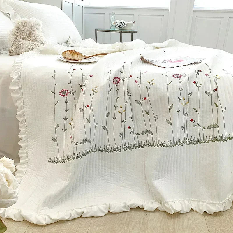 DecorBites™ Fresh Flower Embroidered Summer Quilt Set - Lightweight Ruffled Comforter