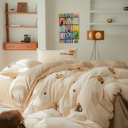 DecorBites™ Embroidered Fleece Winter Bedding Set: Duvet Cover, Sheet, Quilt, Pillowcases