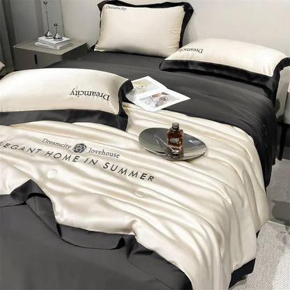 DecorBites™ Ice Silk Embroidered Quilt Set: Luxury European Style, Cooling Comforter